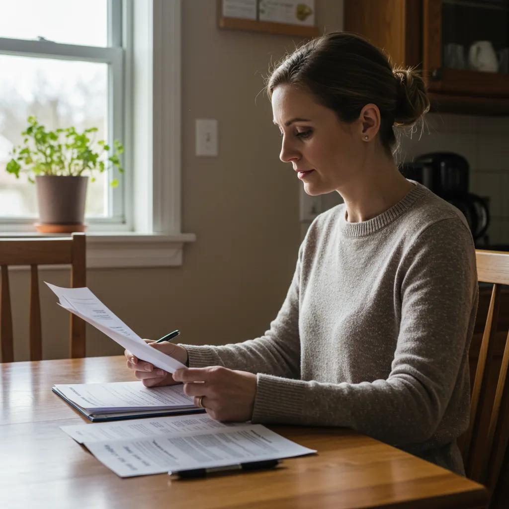 Homeowner comfortably reviewing cash offer documents at a kitchen table