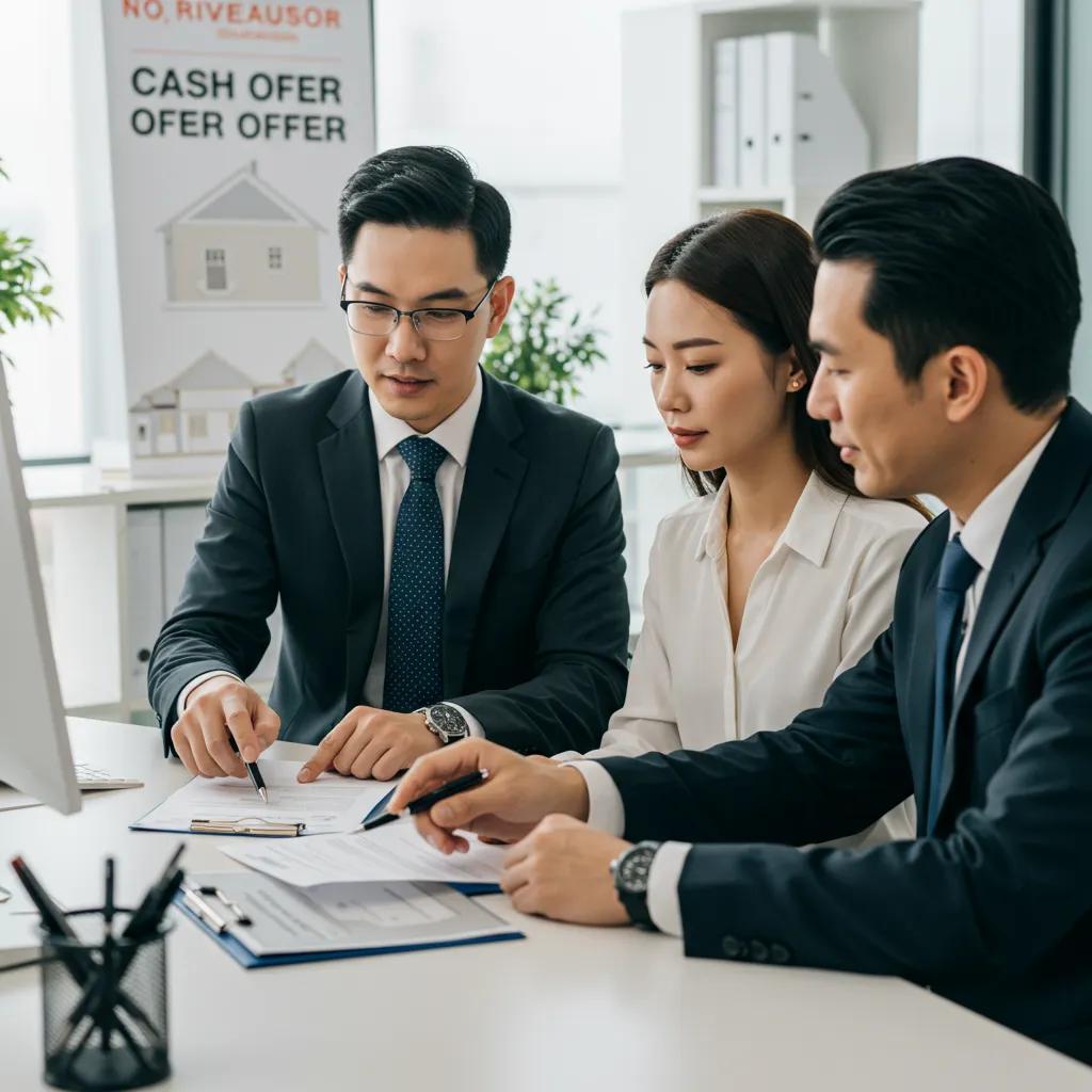 Real estate agent explaining the cash offer process to a couple in an office