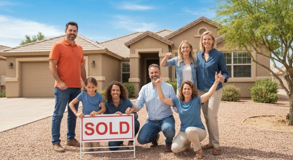 Happy family celebrating the sale of their Arizona home with a 'Sold' sign in the yard